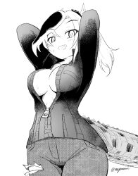 Rule 34 | 1girl, arms behind head, arms up, asymmetrical hair, breasts, collared jacket, cowboy shot, crocodilian tail, denim, greyscale, grin, high ponytail, jacket, jeans, kemono friends, long hair, long sleeves, looking at viewer, medium breasts, monochrome, multicolored hair, no bra, pants, partially unzipped, saltwater crocodile (kemono friends), slit pupils, smile, solo, sweat, tail, taurine 8000mg, torn clothes, torn jeans, torn pants, wing collar, zipper, zipper pull tab