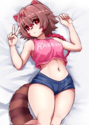 Rule 34 | 1girl, animal ears, bandaid, bandaid on face, bandaid on nose, bed sheet, blue shorts, braid, breasts, bright pupils, character name, chestnut mouth, colored tips, commentary, corrupted twitter file, cropped shirt, feet out of frame, hands up, highres, indie virtual youtuber, light blush, lineart, looking at viewer, lying, medium breasts, medium hair, midriff, multicolored hair, navel, on back, pink shirt, pink top, print shirt, raccoon ears, raccoon girl, raccoon tail, rakkun sutaru, red eyes, red hair, shirt, short shorts, shorts, slash-ex, sleeveless, sleeveless shirt, solo, spanish commentary, stomach, tail, thick thighs, thighs, v, virtual youtuber, white pupils
