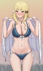 Rule 34 | 1girl, bare shoulders, bikini, black bow, blonde hair, blue bikini, blush, bow, breasts, cleavage, closed mouth, collarbone, gomu (chewinggom), hair bow, highres, jacket, unworn jacket, jewelry, large breasts, long hair, looking at viewer, necklace, pendant, princess connect!, saren (princess connect!), saren (real) (princess connect!), sidelocks, solo, swimsuit, thighs, white jacket, yellow eyes