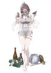 1girl alcohol alternate_costume barefoot bottle drunk full_body goddess_of_victory:_nikke grey_hair highres hii_(motorholic) navel scarlet_(nikke) simple_background sleeveless sleeveless_turtleneck solo sweater translation_request turtleneck turtleneck_sweater white_background