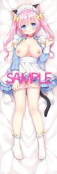 Rule 34 | 1girl, :o, animal ears, apron, blue dress, blue eyes, blush, bobby socks, bow, breasts, breasts out, cat ears, cat girl, cat tail, censored, collarbone, commentary request, dakimakura (medium), dress, full body, groin, hair between eyes, hair bow, hand up, head tilt, highres, juliet sleeves, large breasts, long hair, long sleeves, looking at viewer, lying, maid, maid headdress, nipples, no shoes, on back, original, panties, panty pull, parted lips, pink hair, pink panties, puffy sleeves, pulled by self, sample watermark, socks, solo, tail, twintails, underwear, usashiro mani, watermark, white apron, white socks, yellow bow