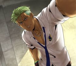 Rule 34 | &gt;:(, 1boy, 1girl, blue necktie, bracelet, clenched teeth, collarbone, collared shirt, dark-skinned male, dark skin, earrings, emblem, foreshortening, frown, green hair, head tilt, indoors, jewelry, king of prism, king of prism by prettyrhythm, looking at viewer, male focus, necklace, necktie, nkdr2000, outstretched arm, parted lips, pretty rhythm, pretty series, purple eyes, serious, shirt, short sleeves, solo, stud earrings, sunlight, teeth, upper body, v-shaped eyebrows, wall, white shirt, yamato alexander