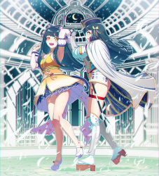 Rule 34 | 2girls, :d, animal ears, armband, black gloves, black hair, bow, breasts, cape, character request, copyright request, dancing, dress, fake animal ears, feathers, gloves, hair bow, holding hands, hat, highres, indoors, kyousin, long hair, looking at another, medium breasts, multiple girls, open mouth, platform footwear, sheath, sheathed, sleeveless, sleeveless dress, smile, standing, sword, thigh strap, virtual youtuber, weapon, white cape, white footwear, white legwear, wristband, yellow bow, yellow dress, yellow eyes