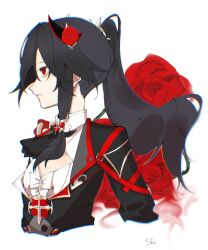 Rule 34 | 1girl, artist name, ascot, black ascot, black shirt, black sleeves, cleavage cutout, closed mouth, clothing cutout, flower, fu hua, fu hua (blood voivode), fu hua (shadow knight), hair between eyes, hair flower, hair ornament, high ponytail, highres, honkai (series), honkai impact 3rd, long hair, long sleeves, looking to the side, official alternate costume, ponytail, red eyes, red flower, rose, shirt, sho 2nini, simple background, solo, upper body, vampire, white background