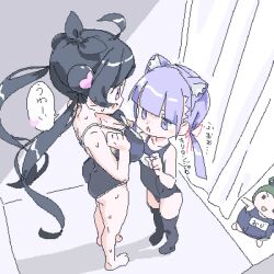 Rule 34 | 3girls, ahoge, animal ears, ass, black hair, blunt bangs, breast envy, breasts, cat ears, cleavage, commentary request, curtains, double bun, hair bun, height difference, large breasts, lokulo-chan (lokulo no mawashimono), lokulo no mawashimono, lowres, multiple girls, nervous sweating, original, pink eyes, purple eyes, purple hair, school swimsuit, shadow, sweat, swimsuit, thighhighs, translation request, twintails