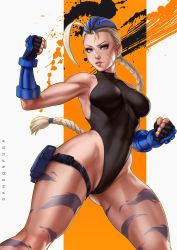 Rule 34 | 1girl, alternate color, alternate hairstyle, antenna hair, biceps, black gloves, black leotard, blue hat, bracer, braid, braided ponytail, breasts, cameltoe, cammy white, camouflage, clenched hands, commentary, covered abs, dandon fuga, english commentary, eyeshadow, facial scar, fingerless gloves, fingernails, garrison cap, gloves, gluteal fold, hat, highleg, highleg leotard, highres, impossible clothes, impossible leotard, leotard, lips, long braid, long hair, looking at viewer, makeup, mascara, medium breasts, muscular, muscular female, nose, pinup (style), platinum blonde hair, pouch, scar, scar on cheek, scar on face, single braid, skin tight, solo, street fighter, street fighter v, tan, thick thighs, thigh pouch, thighs, thong leotard