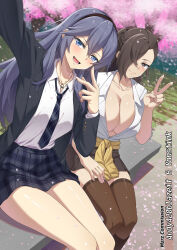 2girls :d alternate_costume bench black_hairband black_jacket blue_eyes blue_hair brand_of_the_exalt breasts brown_eyes brown_hair brown_thighhighs cherry_blossoms cleavage closed_mouth clothes_around_waist collarbone collared_shirt commentary commission english_commentary fire_emblem fire_emblem_awakening fire_emblem_fates hair_between_eyes hair_over_one_eye hairband highres jacket jewelry kagero_(fire_emblem) large_breasts long_hair long_sleeves looking_at_viewer lower_teeth_only lucina_(fire_emblem) multiple_girls mzrz necklace necktie nintendo on_bench open_clothes open_jacket open_mouth partially_unbuttoned petals plaid_clothes plaid_necktie plaid_skirt school_uniform selfie shirt sitting skirt smile sweater sweater_around_waist symbol-shaped_pupils symbol_in_eye teeth thighhighs v w