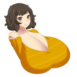 Rule 34 | 10s, 1girl, black eyes, black hair, blush, breasts, cleavage, gigantic breasts, jcdr, kawakami sadayo, looking at viewer, parted lips, persona, persona 5, smile, solo, upper body