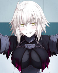 Rule 34 | 1girl, ahoge, blonde hair, breasts, capelet, fate/grand order, fate (series), hasebe akira, highres, jeanne d&#039;arc (fate), jeanne d&#039;arc alter (avenger) (fate), jeanne d&#039;arc alter (fate), kabedon, light blush, looking at viewer, short hair, smirk, solo, torn capelet, torn clothes, yellow eyes