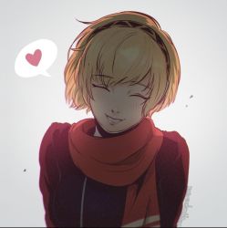 Rule 34 | 1girl, aegis (persona), black coat, blonde hair, blush, coat, happy, persona, persona 3, red scarf, scarf, short hair, simple background, solo