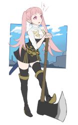 Rule 34 | 1girl, axe, belt, black thighhighs, blunt bangs, boots, day, female focus, fire emblem, fire emblem: three houses, full body, garreg mach monastery uniform, high heel boots, high heels, hilda valentine goneril, holding, holding axe, long hair, matching hair/eyes, mikami, nintendo, parted lips, pink eyes, pink hair, sheath, sheathed, short sleeves, simple background, sleeves rolled up, solo, standing, thighhighs, thighhighs under boots, thighs, twintails, uniform, weapon, white background, zettai ryouiki