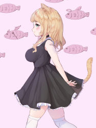 Rule 34 | 1girl, :3, animal ears, bandaid, bandaid on shoulder, black dress, blonde hair, blue eyes, blush, breasts, cat ears, cat girl, cat tail, closed mouth, dress, fang, fang out, fish, from side, impossible clothes, large breasts, long hair, original, over-kneehighs, pink background, simple background, sleeveless, sleeveless dress, smile, solo, tail, thighhighs, ushinomiya, wavy hair, white thighhighs