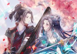 Rule 34 | 1boy, 1girl, artist request, black hair, blue eyes, brown hair, closed mouth, doupo cangqiong, earrings, energy, expressionless, falling petals, highres, holding, holding sword, holding weapon, jewelry, light rays, long hair, looking at another, petals, ponytail, reverse grip, second-party source, short hair, sword, tassel, tassel earrings, upper body, weapon, xiao yan (doupo cangqiong), yun yun (doupo cangqiong)