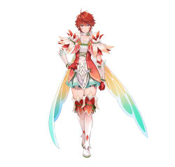 Rule 34 | 1girl, absurdres, alternate costume, blush, boots, choker, clenched hand, closed mouth, collarbone, commentary request, dress, fake wings, fire emblem, fire emblem fates, fire emblem heroes, flat chest, full body, garter straps, gloves, gradient clothes, hand on own hip, highres, hinoka (fire emblem), looking at viewer, nintendo, official alternate costume, official art, red eyes, red hair, short dress, short hair, simple background, sleeveless, smile, solo, standing, thigh boots, thighhighs, white background, wings, yuko (uc yuk), zettai ryouiki