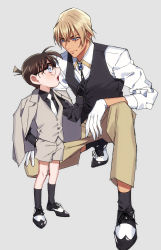 Rule 34 | 2boys, amuro tooru, black-framed eyewear, black footwear, black gloves, black ribbon, black shirt, black socks, black vest, blonde hair, blue eyes, brooch, brown hair, brown pants, child, closed mouth, collared shirt, commentary request, edogawa conan, eye contact, formal, glasses, gloves, grey background, grey jacket, grey neckwear, grey shorts, grey suit, grey vest, hair between eyes, hand in pocket, hand up, height difference, highres, jacket, jacket on shoulders, jewelry, k (gear labo), kneehighs, light blush, light smile, looking at another, looking down, looking up, male focus, meitantei conan, multiple boys, neck ribbon, necktie, neckwear grab, on one knee, one-hour drawing challenge, open mouth, pants, ribbon, shirt, shoes, shorts, simple background, sketch, sleeves rolled up, socks, standing, suit, teeth, upper teeth only, vest, white gloves, white shirt