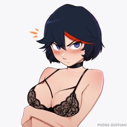 Rule 34 | 1girl, absurdres, artist name, bare shoulders, black bra, black hair, blue eyes, blush, bra, breasts, choker, closed mouth, collarbone, frown, grey background, hair between eyes, highres, kill la kill, looking at viewer, matoi ryuuko, medium breasts, multicolored hair, parted bangs, pudgeruffian, red hair, short hair, simple background, solo, star-shaped pupils, star (symbol), symbol-shaped pupils, two-tone hair, underwear, upper body, white background