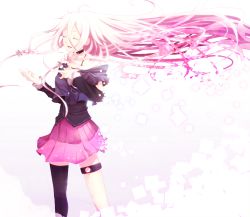 Rule 34 | 1girl, asymmetrical legwear, black thighhighs, braid, choker, closed eyes, detached sleeves, hand on own chest, ia (vocaloid), long hair, mismatched legwear, music, off shoulder, open mouth, pink hair, pink skirt, pleated skirt, singing, single thighhigh, skirt, solo, thigh strap, thighhighs, thighlet, twin braids, very long hair, vocaloid, wind, wind lift