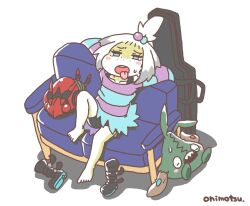 Rule 34 | 1girl, barefoot, bike shorts, black footwear, blue eyes, couch, creatures (company), freckles, game freak, gen 5 pokemon, guitar case, hair bobbles, hair ornament, instrument case, nintendo, onimotsu matarou, platform footwear, pokemon, pokemon bw2, roxie (pokemon), shirt, sitting, sitting on object, striped clothes, striped shirt, sweat, tongue, tongue out, trubbish, venipede, white hair