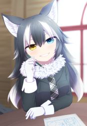 Rule 34 | 10s, 1girl, animal ears, black hair, blue eyes, breasts, fur collar, giorgio claes, gloves, grey wolf (kemono friends), heterochromia, highres, kemono friends, long hair, long sleeves, looking at viewer, multicolored hair, necktie, pencil, smile, solo, tail, two-tone hair, wolf ears, wolf tail, yellow eyes