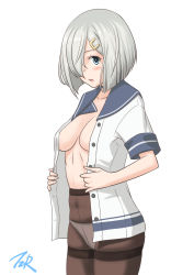 Rule 34 | 1girl, artist name, black pantyhose, blue eyes, blue sailor collar, breasts, cowboy shot, hair ornament, hair over one eye, hairclip, hamakaze (kancolle), highres, kantai collection, large breasts, looking at viewer, no bra, open clothes, panties, panties under pantyhose, pantyhose, sailor collar, sailor shirt, school uniform, serafuku, shirt, short hair, silver hair, simple background, solo, t2r, thighband pantyhose, underwear, white background, white panties