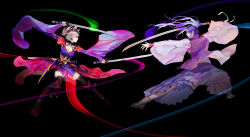Rule 34 | 1boy, 1girl, black background, breasts, cleavage, daeraeband, detached sleeves, dual wielding, earrings, eye contact, fate/grand order, fate/stay night, fate (series), fighting, floating hair, hair ribbon, hakama, highres, holding, holding sword, holding weapon, japanese clothes, jewelry, katana, long hair, long sleeves, looking at another, medium breasts, miyamoto musashi (fate), miyamoto musashi (third ascension) (fate), nyamdol (bonzon), ponytail, profile, purple hair, purple hakama, purple sleeves, ribbon, sasaki kojirou (fate), stance, sword, thighhighs, very long hair, weapon, white hair, white ribbon, wide sleeves
