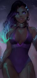 Rule 34 | 1girl, absurdres, aqua hair, artist name, asymmetrical hair, breasts, breasts apart, contrapposto, covered navel, cowboy shot, dark-skinned female, dark background, dark skin, eyeshadow, glowing, glowing eyes, glowing hair, glowing tattoo, gradient hair, head tilt, highres, light smile, long hair, looking at viewer, makeup, making-of available, matilda fiship, medium breasts, mole, mole under eye, multicolored hair, one-piece swimsuit, overwatch, overwatch 1, paint, parted lips, purple background, purple eyes, purple hair, purple lips, purple one-piece swimsuit, sidecut, solo, sombra (overwatch), standing, swimsuit, tattoo, two-tone hair, undercut, wavy hair