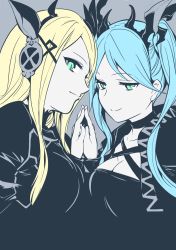 Rule 34 | 2girls, aqua eyes, aqua hair, blonde hair, blue eyes, breasts, cleavage, dress, flat color, hair ornament, highres, holding hands, idunn &amp; idunna, ishiyumi, long hair, looking at viewer, multiple girls, puzzle &amp; dragons, slit pupils, smile, twintails