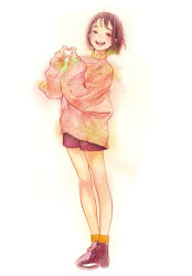 Rule 34 | 1girl, ahoge, bob cut, boots, brown footwear, brown hair, brown shorts, choppy bangs, commentary, finger heart, full body, hair strand, highres, looking at viewer, medium hair, messy hair, open mouth, pink sweater, red eyes, shorts, sidelocks, sleeves past wrists, smile, socks, standing, sweater, traditional media, white background, yellow socks, yuu (mol)