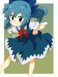 Rule 34 | 1girl, alternate hairstyle, blush, cirno, dress, female focus, fujihara, hands on own hips, ponytail, solo, embodiment of scarlet devil, touhou