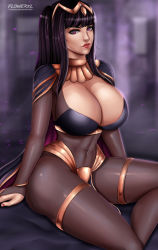 Rule 34 | 1girl, alternate breast size, bangle, black hair, bracelet, breasts, cape, circlet, cleavage, collar, covered navel, curvy, fire emblem, fire emblem awakening, fire emblem heroes, flowerxl, hair ornament, jewelry, large breasts, magic, necklace, nintendo, pinup (style), sitting, skin tight, solo, tharja (fire emblem), thighs, tiara