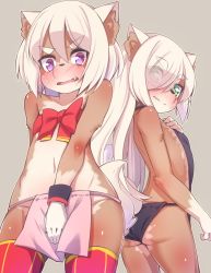 Rule 34 | 2girls, animal ears, ass, bandeau, black fundoshi, blonde hair, blush, bow, covering privates, covering crotch, dog ears, dog tail, embarrassed, eyes visible through hair, fang, flat chest, fundoshi, furry, furry female, green eyes, grey background, hair over one eye, hand on own chest, highres, japanese clothes, loincloth, long hair, looking back, multiple girls, navel, open mouth, original, purple eyes, red legwear, ribbon, short hair, simple background, tail, thick eyebrows, thighhighs, v-shaped eyebrows, yuuki (yuyuki000)