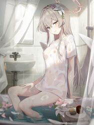 Rule 34 | 1girl, bathroom, bathtub, blue archive, breasts, closed mouth, collarbone, commentary request, commission, covered erect nipples, covered navel, crossed bangs, feathered wings, flower, hair between eyes, hair flower, hair ornament, halo, highres, ikanyoikanikan, indoors, large wings, long hair, looking at viewer, nagisa (blue archive), naked shirt, navel, nipples, red halo, see-through, see-through shirt, shirt, short sleeves, sitting, skeb commission, small breasts, smile, soaking feet, solo, very long hair, white flower, white wings, wings, yellow eyes