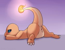 Rule 34 | 1girl, anus, arm up, artist name, black eyes, blush, charmander, claws, creatures (company), feet, female focus, fire, from behind, full body, furry, furry female, game freak, gen 1 pokemon, looking back, lying, nintendo, on stomach, pokemon, pokemon (creature), pokemon rgby, purple background, pussy, pussy juice, shiny skin, signature, simple background, solo, spread legs, tail, text focus, uncensored, vandalistpikachu