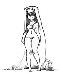 Rule 34 | 1girl, bikini, blank eyes, double (skullgirls), licking lips, looking at viewer, micro bikini, monochrome, monster girl, navel, nun, sketch, skullgirls, solo, swimsuit, tongue, tongue out, white background, wide sleeves, you gonna get raped