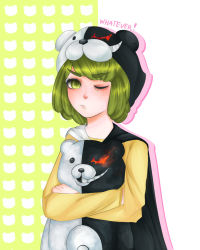 Rule 34 | 1girl, 1mascot, bear hat, black cape, cape, child, crossed arms, danganronpa (series), danganronpa another episode: ultra despair girls, english text, frown, green background, green eyes, green hair, hat, highres, long eyelashes, looking at viewer, medium hair, monokuma, multicolored background, multicolored cape, multicolored clothes, one eye closed, pajamas, panties, stuffed toy, simple background, stuffed animal, stuffed toy, swastika, towa monaca, underwear, upper body, white background, white cape, wink, yellow panties