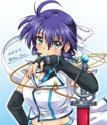 Rule 34 | 1girl, ahoge, black shirt, blue background, blue hair, blue necktie, blush, breasts, buttons, cape, closed mouth, collared shirt, commentary request, cowboy shot, crop top, dated, double-breasted, elbow gloves, fingerless gloves, glint, gloves, gradient background, green eyes, hair between eyes, hand on own hip, headband, highres, large breasts, looking at viewer, lyrical nanoha, mach caliber, magical girl, mahou shoujo lyrical nanoha strikers, midriff, military, military uniform, navel, necktie, planted, planted sword, planted weapon, san-pon, sheath, sheathed, shirt, short hair, sidelocks, sleeveless, sleeveless shirt, smile, solo, standing, subaru nakajima, sword, twitter username, uniform, waist cape, weapon, white cape, white shirt