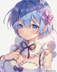 Rule 34 | 1girl, black bow, black ribbon, black sleeves, blue eyes, blue hair, blush, bow, breasts, cleavage, closed mouth, commentary request, detached sleeves, frilled sleeves, frills, grey background, hair between eyes, hair ornament, hair ribbon, hairclip, hand up, long sleeves, looking at viewer, medium breasts, neck ribbon, pink ribbon, re:zero kara hajimeru isekai seikatsu, rem (re:zero), ribbon, simple background, solo, twitter username, upper body, wavy mouth, wide sleeves, x hair ornament, yeonwa