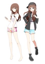 Rule 34 | 1girl, :d, a.a (aa772), barefoot, baseball cap, black footwear, black hat, black jacket, blue shorts, boots, brown eyes, brown hair, cellphone, closed mouth, cross-laced footwear, hand on own hip, hand up, hat, highres, holding, holding phone, jacket, lace-up boots, long hair, long sleeves, multicolored clothes, multicolored shorts, multiple views, one eye closed, open mouth, original, phone, shirt, short shorts, short sleeves, shorts, sidelocks, sideways hat, simple background, smile, standing, standing on one leg, very long hair, white background, white shirt