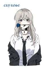 1girl absurdres black_choker black_jacket black_necktie blue_flower blue_rose choker collared_shirt commentary_request english_text flower flower_in_mouth girls_band_cry grey_eyes grey_hair habsida_(habsida_hpy) highres jacket jewelry kawaragi_momoka long_hair looking_at_viewer necklace necktie open_collar rose shirt simple_background solo upper_body white_background white_shirt