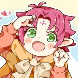 1girl :d commentary_request facial_mark fae_(fire_emblem) fire_emblem fire_emblem:_the_binding_blade forehead_mark green_eyes heart iese&#039;niya looking_at_viewer nintendo open_mouth pink_hair pointy_ears short_hair smile solo