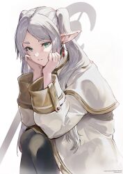 Rule 34 | 1girl, capelet, closed mouth, earrings, elf, frieren, green eyes, hands on own cheeks, hands on own face, highres, jewelry, long hair, looking at viewer, mage staff, marumoru, pantyhose, pointy ears, sitting, solo, sousou no frieren, staff, thick eyebrows, twintails, white background, white capelet, white hair