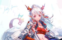 Rule 34 | 1girl, arknights, artist name, bandeau, braid, collarbone, collared jacket, commentary request, dragon girl, dragon horns, dragon tail, earrings, horns, jacket, jewelry, long hair, looking at viewer, midriff, multicolored hair, navel, nejikyuu, nian (arknights), open clothes, open jacket, pointy ears, ponytail, purple eyes, red hair, red shirt, shirt, signature, smile, solo, streaked hair, tail, upper body, white background, white hair, white jacket