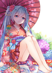 Rule 34 | 1848066491, 1girl, absurdres, arm at side, arm support, barefoot, beads, blue eyes, blue hair, chuor (chuochuoi), collarbone, floral print, flower, hair beads, hair flower, hair ornament, hatsune miku, highres, holding, holding umbrella, hydrangea, japanese clothes, kimono, knees up, legs together, long hair, long sleeves, looking at viewer, matching hair/eyes, obi, oil-paper umbrella, panties, pantyshot, reflection, sash, sitting, solo, sparkle, twintails, umbrella, underwear, very long hair, vocaloid, wide sleeves