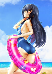 Rule 34 | 1girl, absurdres, ass, backless swimsuit, beach, black hair, blue one-piece swimsuit, blue sky, breasts, brown eyes, cloud, cloudy sky, commentary, commission, competition swimsuit, day, from behind, full body, girls und panzer, hairband, half-closed eyes, hand in own hair, heart, heart print, highres, holding, holding swim ring, horizon, innertube, kneeling, long hair, looking at viewer, looking back, nabeyu, ocean, one-piece swimsuit, outdoors, parted lips, pixiv commission, reizei mako, sandals, sky, small breasts, solo, swim ring, swimsuit, textless version, wet, white hairband, yellow footwear