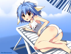 Rule 34 | 00s, 1girl, animal ears, blue hair, character name, galaxy angel, looking at viewer, looking back, mint blancmanche, one-piece swimsuit, open mouth, school swimsuit, short hair, smile, solo, swimsuit, tagme, wallpaper, white one-piece swimsuit, white school swimsuit, yellow eyes