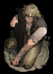 Rule 34 | 1boy, absurdres, bandaged arm, bandages, black background, black vest, boony2789, brown eyes, dried blood, facial hair, full body, gun, hair between eyes, highres, holding, holding gun, holding weapon, knee pads, long hair, looking at viewer, male focus, original, pocket, shirt, short sleeves, solo, squatting, stubble, vest, weapon, white shirt