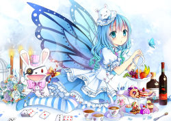 Rule 34 | 1girl, 2015, blue dress, blue eyes, blue hair, blue ribbon, blue wings, bottle, bug, butterfly, butterfly wings, date a live, dress, eyepatch, gyaza, hair between eyes, hair ornament, heart, heart print, insect, insect wings, layered dress, long hair, looking at viewer, ribbon, short dress, short sleeves, solo, striped clothes, striped thighhighs, thighhighs, transparent, wings, yoshino (date a live), yoshinon