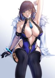 Rule 34 | 1girl, areola slip, armpits, asymmetrical gloves, bare shoulders, blunt bangs, bob cut, breasts, cleavage, curvy, diagonal bangs, dice, elbow gloves, fur-trimmed jacket, fur trim, genshin impact, gloves, green eyes, highres, jacket, jacket on shoulders, large breasts, looking at viewer, mismatched gloves, mole, mole on breast, neck tassel, parted lips, single elbow glove, sitting, tassel, tassel choker, thick thighs, thighs, tinnies, waist cutout, white background, white jacket, yelan (genshin impact)