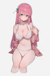 Rule 34 | 1girl, absurdres, bikini, blue eyes, bocchi the rock!, breasts, closed mouth, collarbone, commentary request, cropped legs, cube hair ornament, gotoh hitori, grey background, hair between eyes, hair ornament, highres, jacket, large breasts, long hair, long sleeves, looking at viewer, navel, off shoulder, one side up, open clothes, open jacket, pink hair, pink jacket, simple background, smile, solo, sooon, swimsuit, track jacket, white bikini
