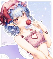 Rule 34 | 1girl, artist name, bat earrings, bat wings, blue hair, bow, candy, cherry print, cinderella bust, clothing cutout, commentary request, earrings, food, food print, hat, hat ribbon, heart cutout, jewelry, lollipop, looking at viewer, mob cap, mokokiyo (asaddr), nail polish, navel, pointy ears, red bow, red eyes, red ribbon, remilia scarlet, ribbon, signature, solo, touhou, underwear, underwear only, upper body, wavy hair, wings